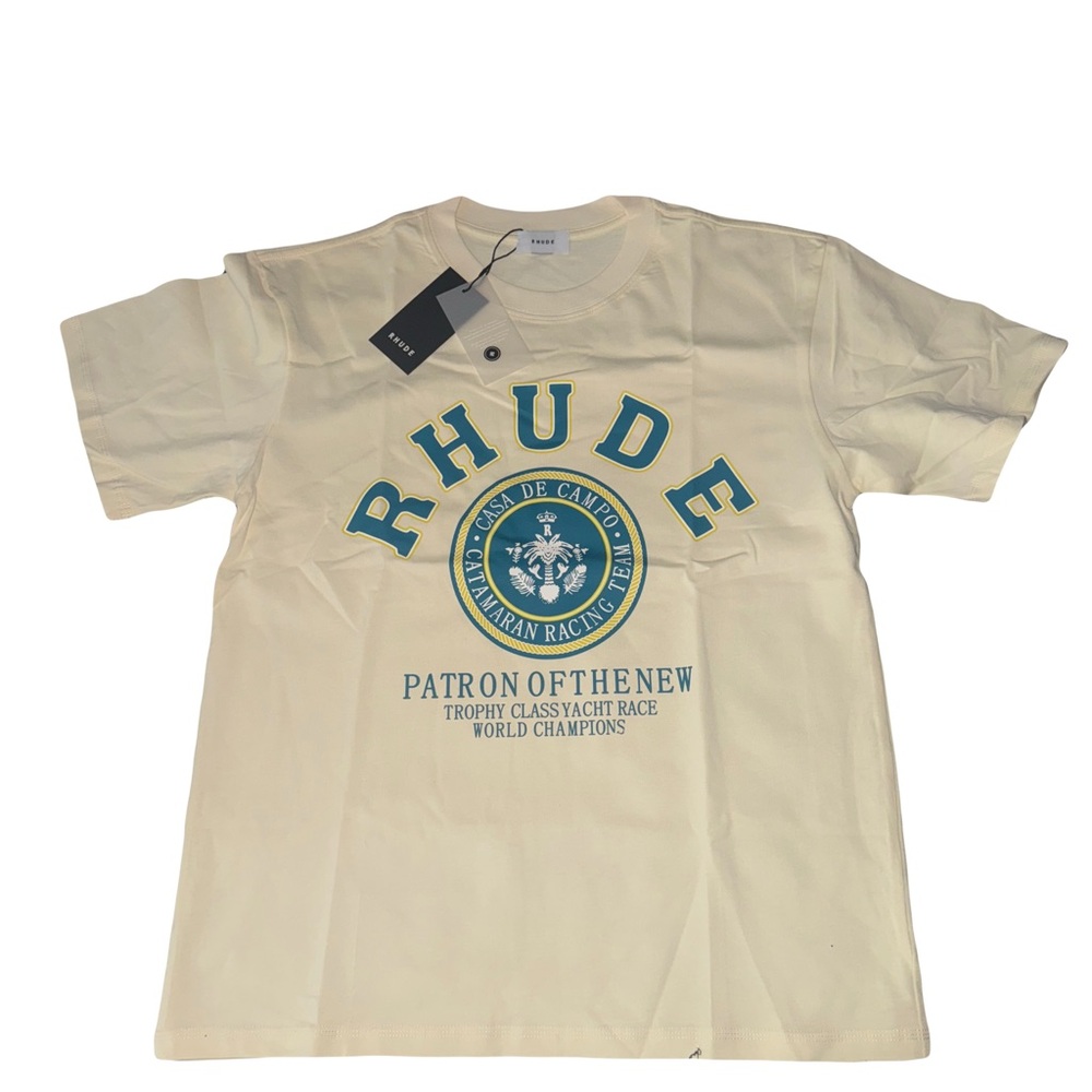 Rhude Cream Short Sleeve Tee with Collegiate Design